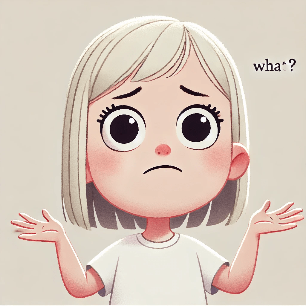 a humorous cartoon image of an 8 year girl with a worried expression. the girl has a slight frown, and her hands raised. 